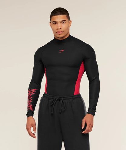 GYMSHARK X CARLOS BELCAST LONG SLEEVE TEE - BLACK/CARMINE RED