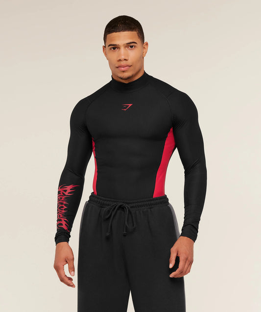 GYMSHARK X CARLOS BELCAST LONG SLEEVE TEE - BLACK/CARMINE RED